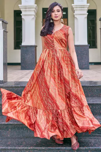 Women rust bandhani printed pleated anarkali gown