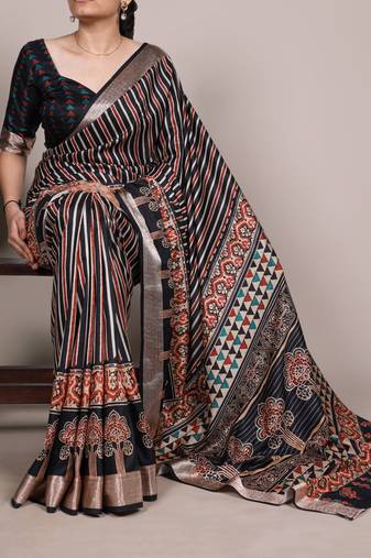 Black elegant tussar silk printed with viscose border saree