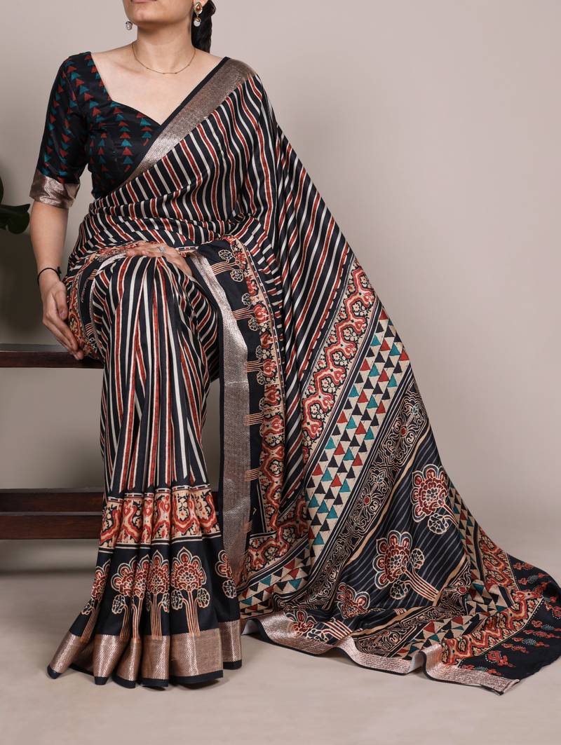 Black elegant tussar silk printed with viscose border saree