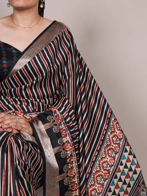 Black elegant tussar silk printed with viscose border saree 3