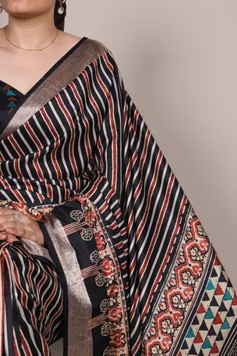 Black elegant tussar silk printed with viscose border saree