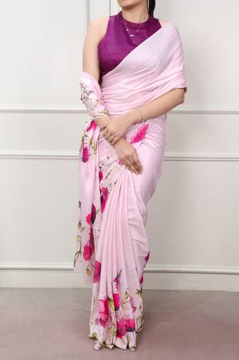 Pink glamlook satin silk printed saree
