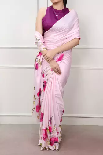 Pink glamlook satin silk printed saree