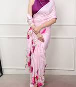 Pink glamlook satin silk printed saree