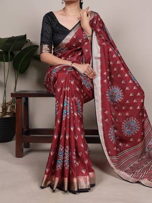 Maroon elegant tussar silk printed with viscose border saree 1