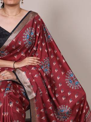 Maroon elegant tussar silk printed with viscose border saree 3