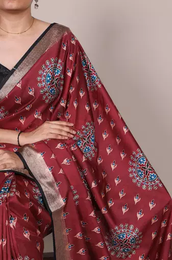 Maroon elegant tussar silk printed with viscose border saree