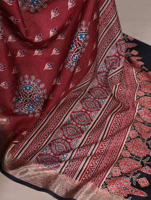 Maroon elegant tussar silk printed with viscose border saree 4