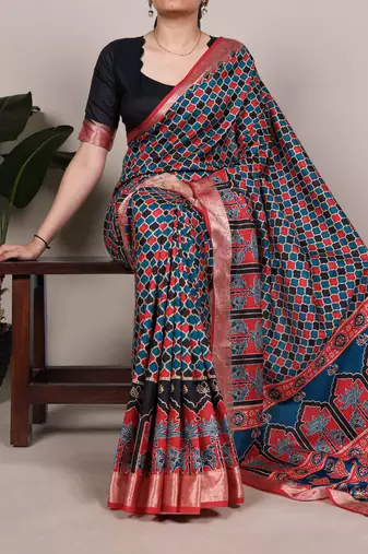 Red elegant tussar silk printed with viscose border saree