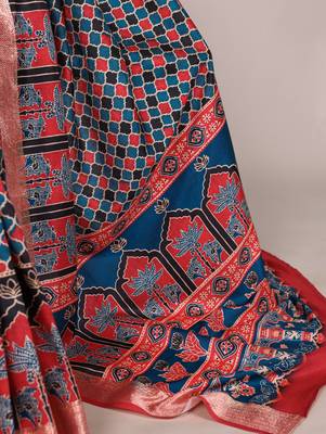 Red elegant tussar silk printed with viscose border saree 3