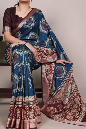 Teal elegant tussar silk printed with viscose border saree