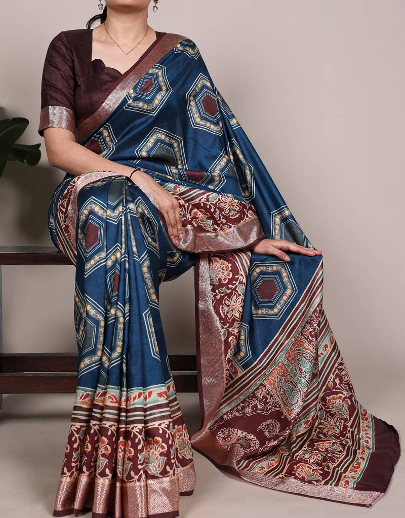 Teal elegant tussar silk printed with viscose border saree