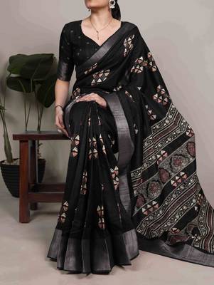 Black rich slub silk printes with zari border saree 1