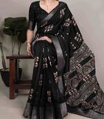 Black rich slub silk printes with zari border saree