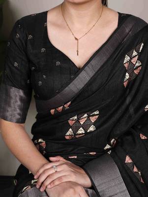 Black rich slub silk printes with zari border saree 2