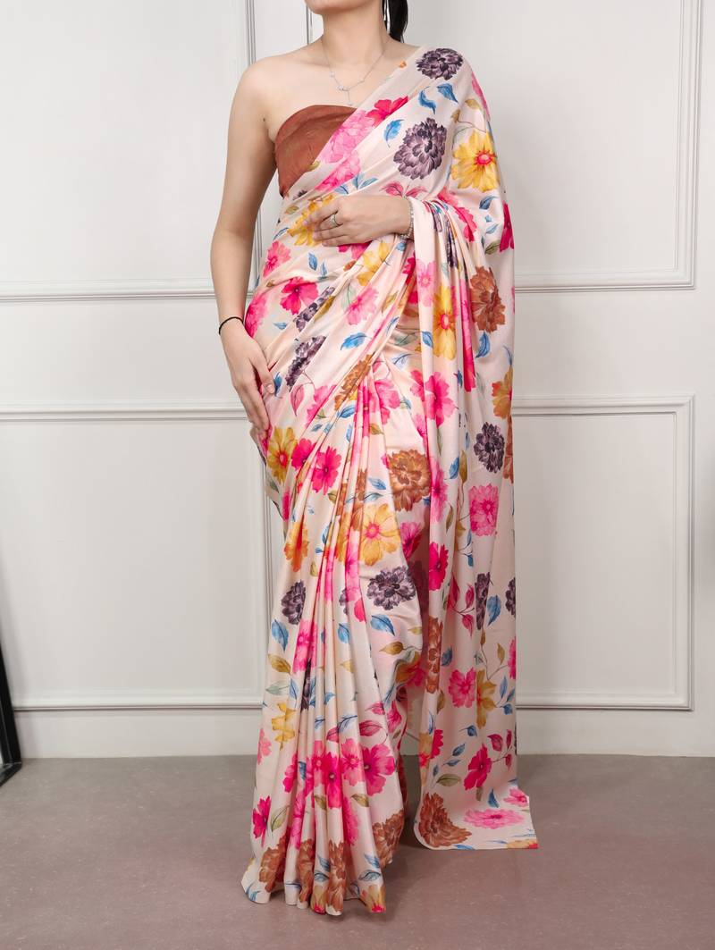 Multicolor glamlook satin silk printed saree