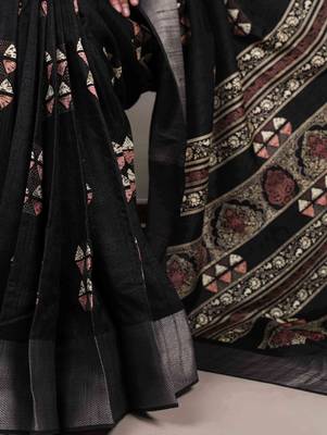 Black rich slub silk printes with zari border saree 3