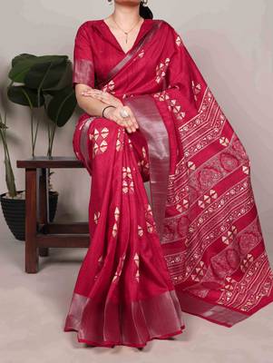 Cherry red rich slub silk printes with zari border saree 1
