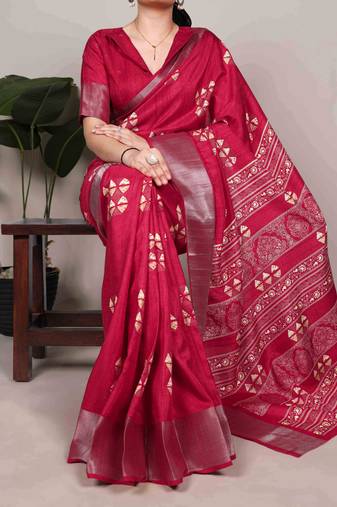 Cherry red rich slub silk printes with zari border saree