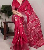 Cherry red rich slub silk printes with zari border saree