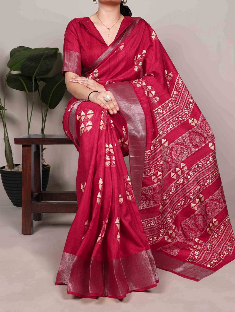 Cherry red rich slub silk printes with zari border saree