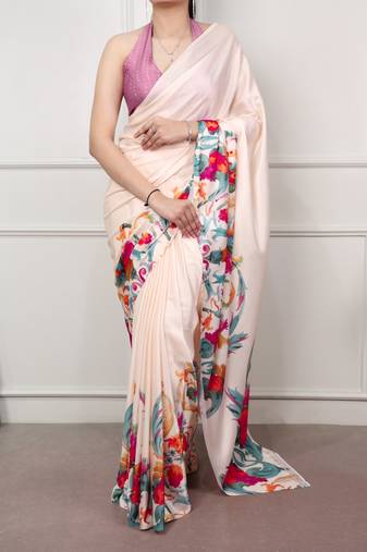Cream glamlook satin silk printed saree