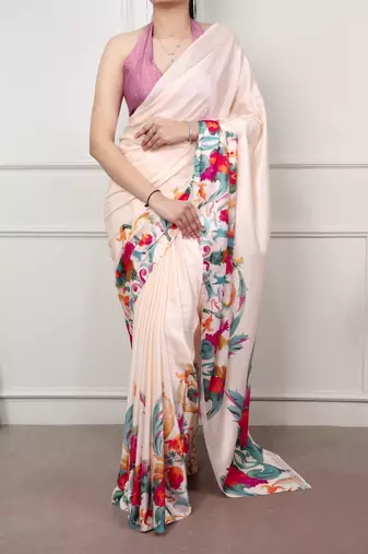 Cream glamlook satin silk printed saree