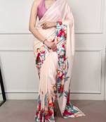 Cream glamlook satin silk printed saree
