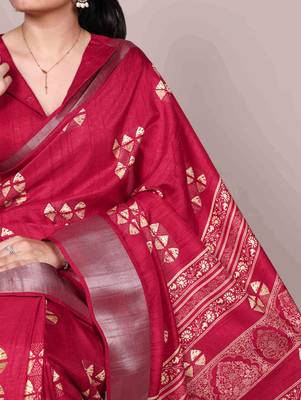 Cherry red rich slub silk printes with zari border saree 2
