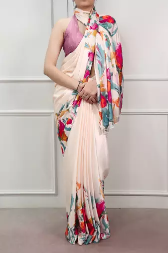 Cream glamlook satin silk printed saree