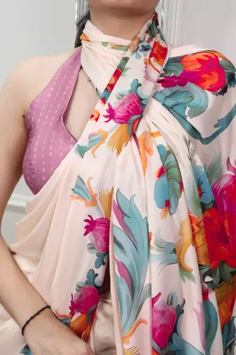 Cream glamlook satin silk printed saree