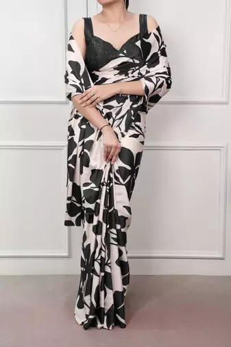 Black glamlook satin silk printed saree