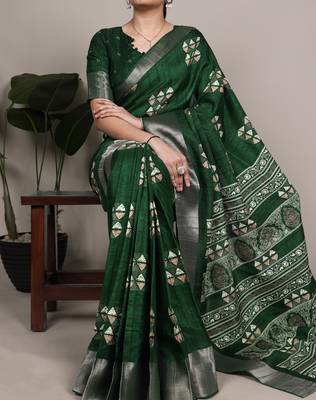 Green rich slub silk printes with zari border saree 1