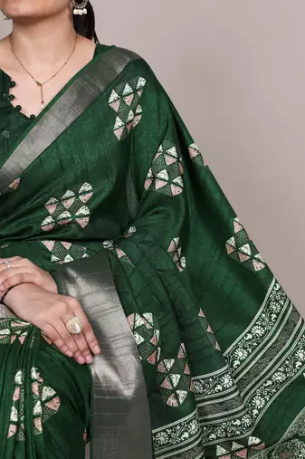 Green rich slub silk printes with zari border saree