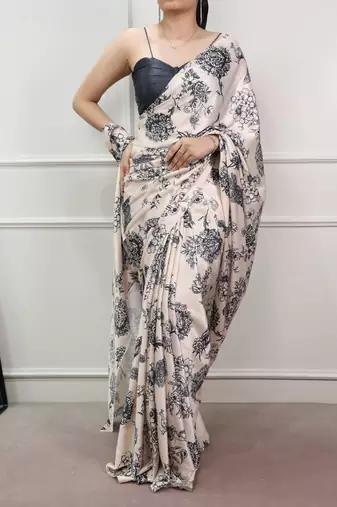 Off white glamlook satin silk printed saree