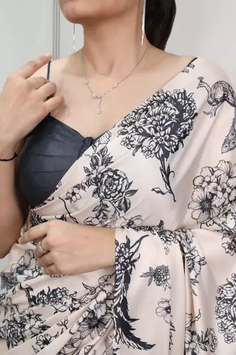 Off white glamlook satin silk printed saree