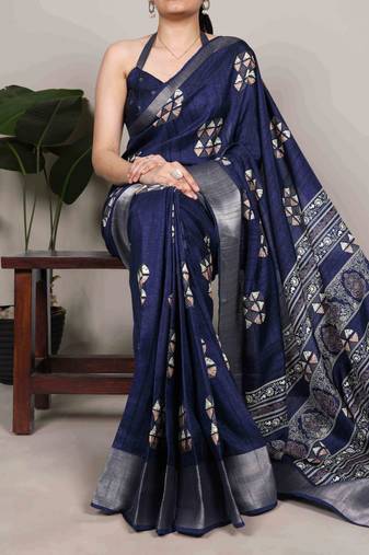Navy blue rich slub silk printes with zari border saree