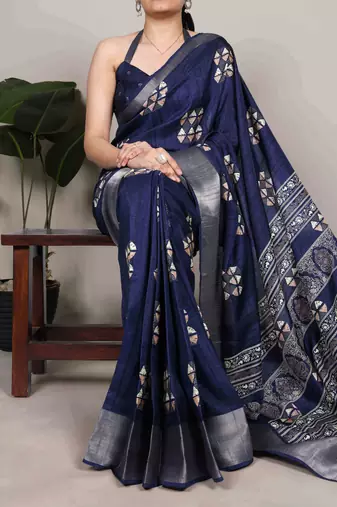 Navy blue rich slub silk printes with zari border saree