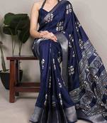 Navy blue rich slub silk printes with zari border saree