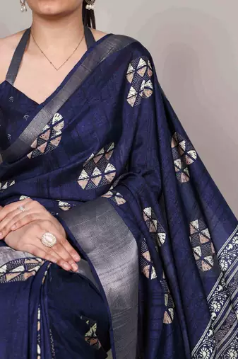 Navy blue rich slub silk printes with zari border saree