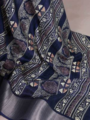 Navy blue rich slub silk printes with zari border saree 4