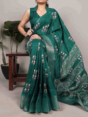 Parrot green rich slub silk printes with zari border saree 1