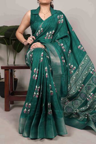 Parrot green rich slub silk printes with zari border saree