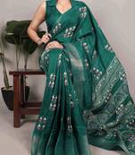 Parrot green rich slub silk printes with zari border saree