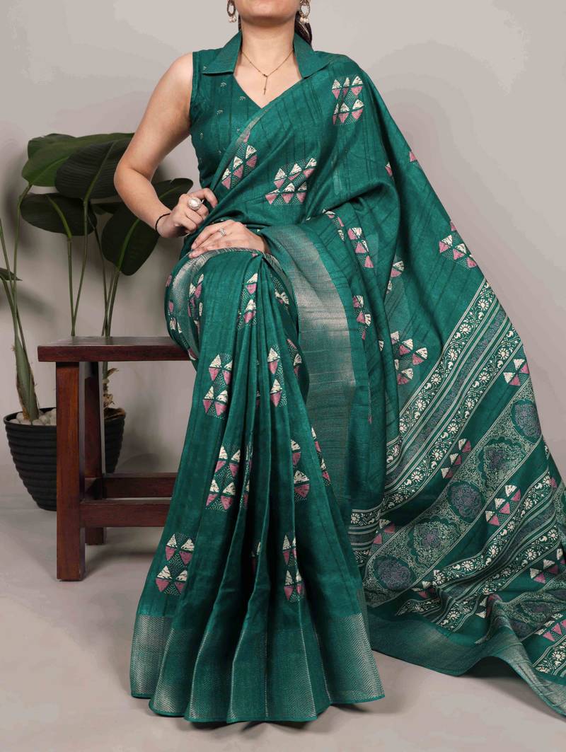 Parrot green rich slub silk printes with zari border saree