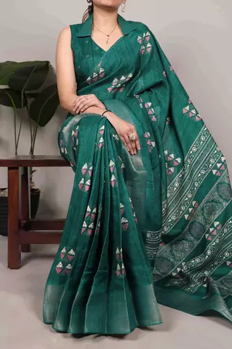 Parrot green rich slub silk printes with zari border saree
