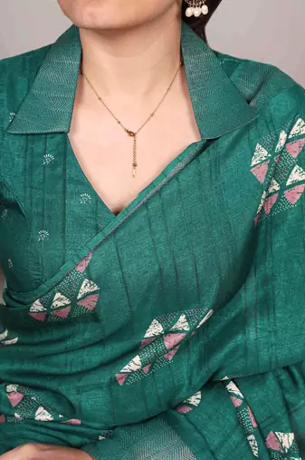 Parrot green rich slub silk printes with zari border saree