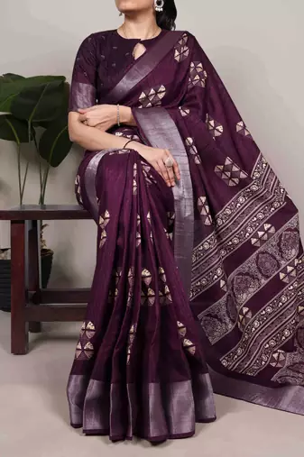 Wine rich slub silk printes with zari border saree