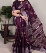 Wine rich slub silk printes with zari border saree