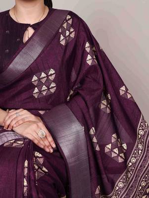 Wine rich slub silk printes with zari border saree 2